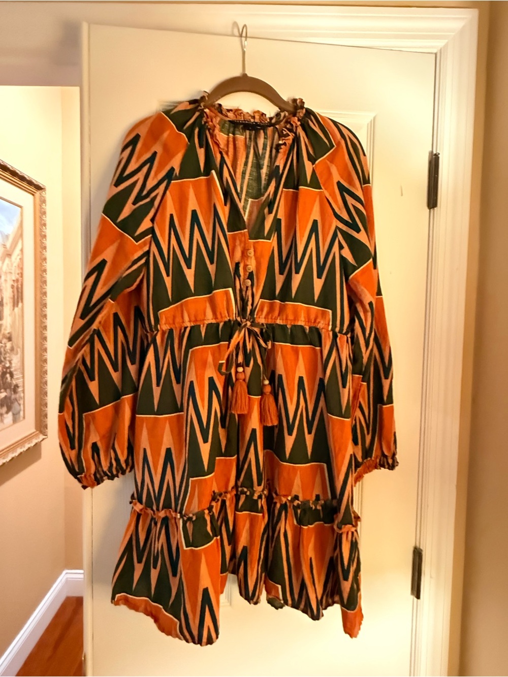 Veronica Beard Boho Chevron Tiered Mini Dress in Orange and Green
